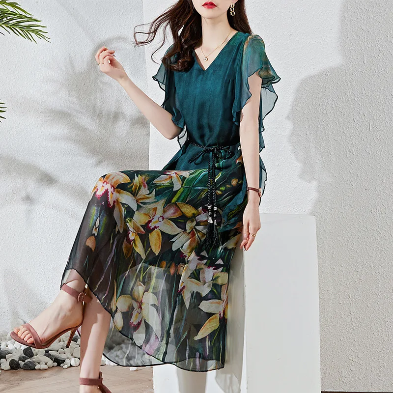 

Женское платье из шелка тутового шелкопряда, повседневное ТРАПЕЦИЕВИДНОЕ ПЛАТЬЕ средней длины с короткими рукавами и цветочным принтом в стиле ретро, лето 2022