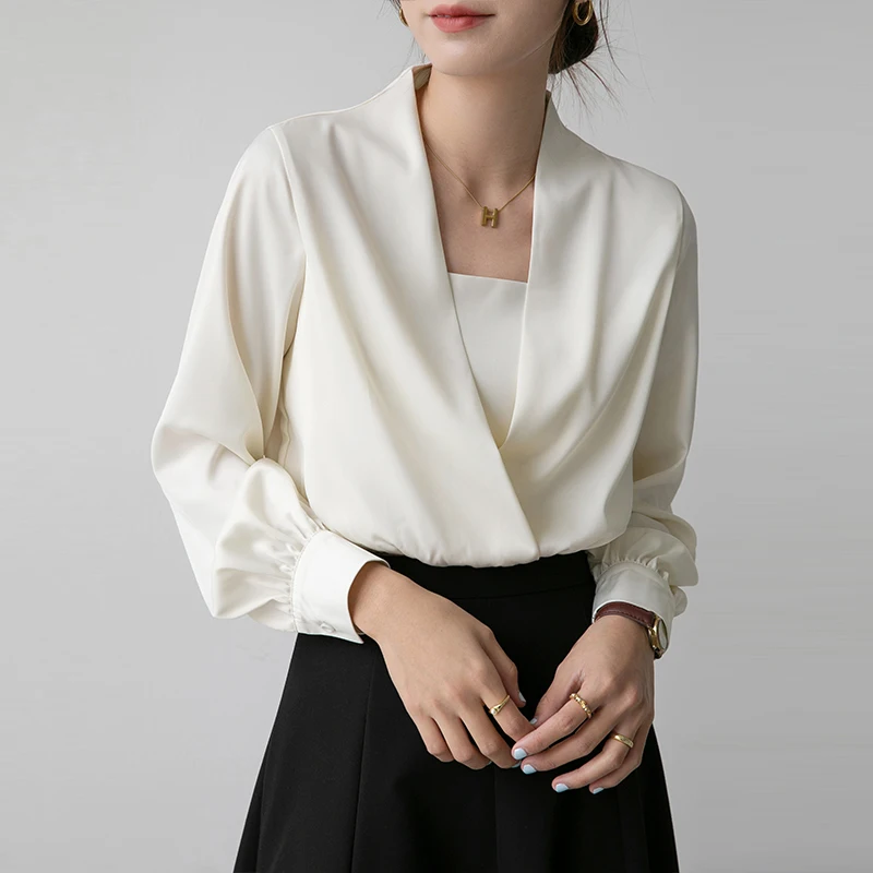 

Spring Autumn Office lady Silk Satin Shirt Elegant Fashion Short Style Crop Tops Long Sleeve Women blouse Blusa