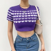 summer o neck slim crop top kawaii heart print y2k knit t shirts girls purple short sleeve female fashion stretch soft tee shirt