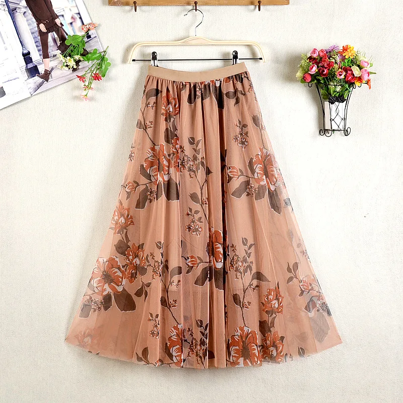 Women Skirt 2022 Summer New Fashion Vintage Floral Vacation Leisure Drees Loose Mesh Midi Skirt