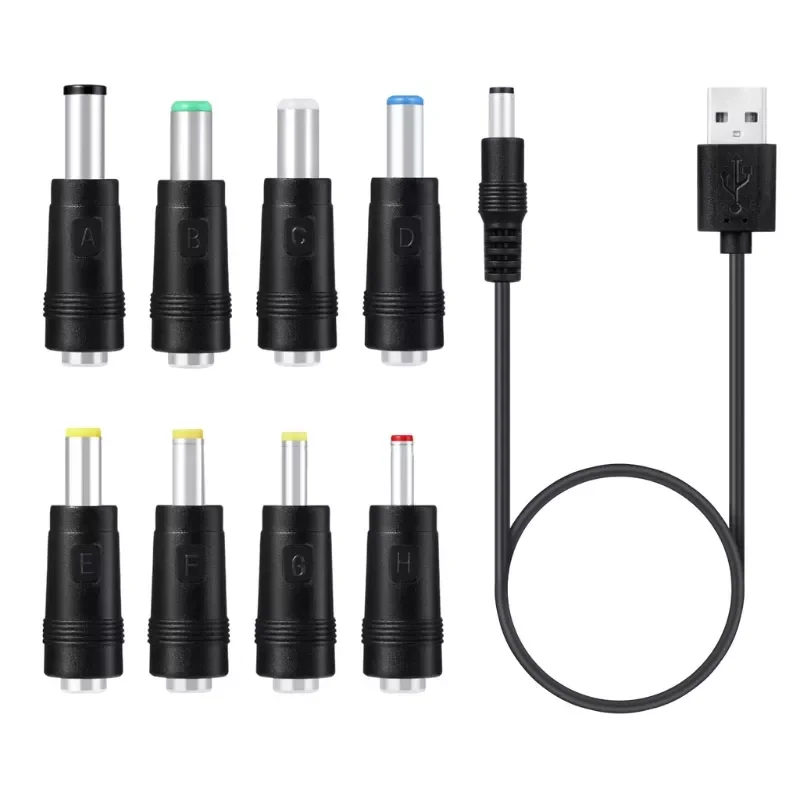 

8in1 5V USB to DC 5.5x2.1mm 3.5mm 4.0mm 4.8mm 6.4mm 5.5x2.5mm 6.3mm Plug Charging Cord for Fan Speaker Router LED Lamp and more