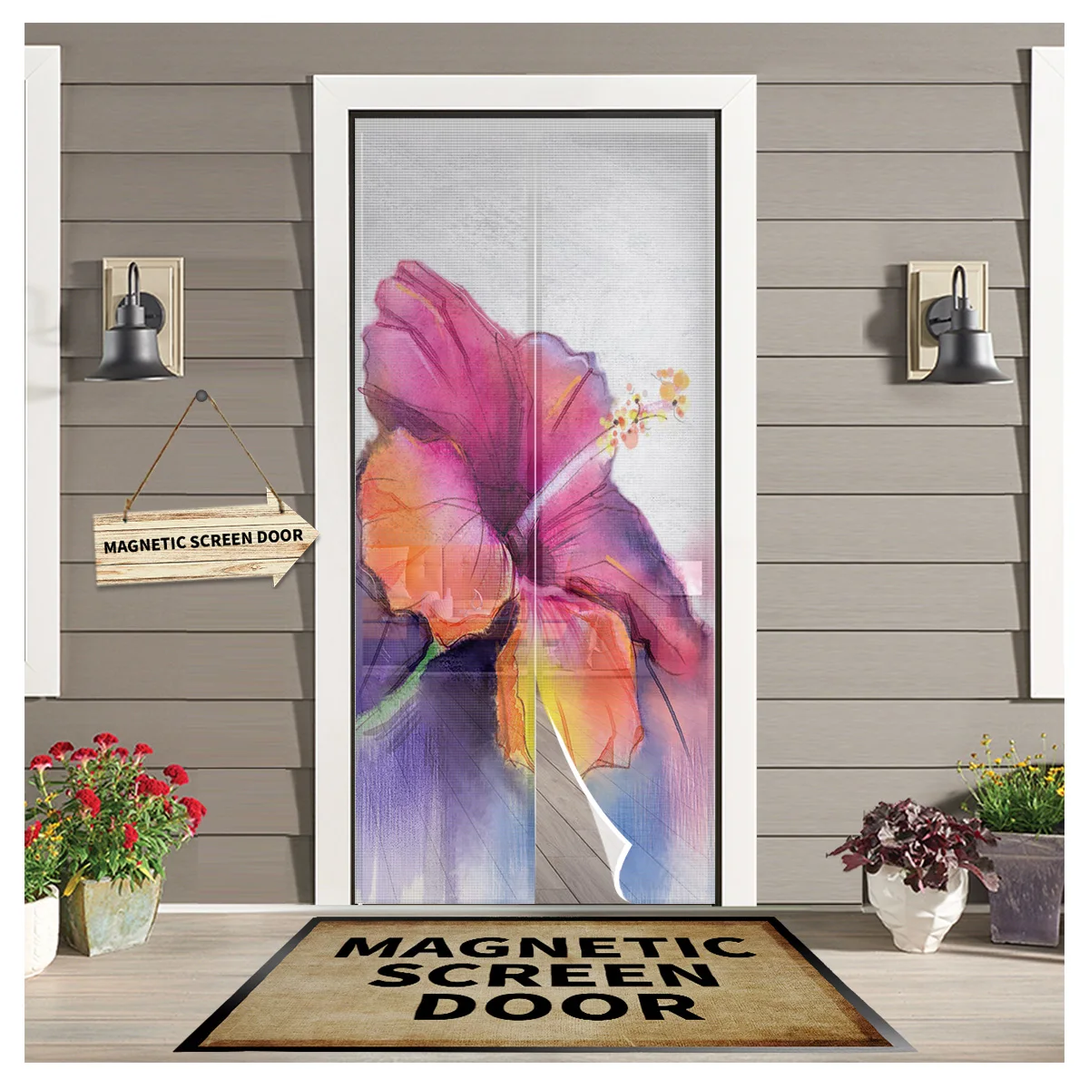 

Hibiscus Flower Watercolor Door Curtain Magnetic Mosquito Net Curtains Bedroom Insect Door Screen Gauze Door Window Screens