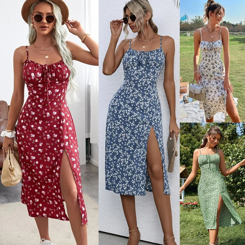 

2022 Summer New Fashion Floral Simple Commuter Elegant Suspender Dress Women