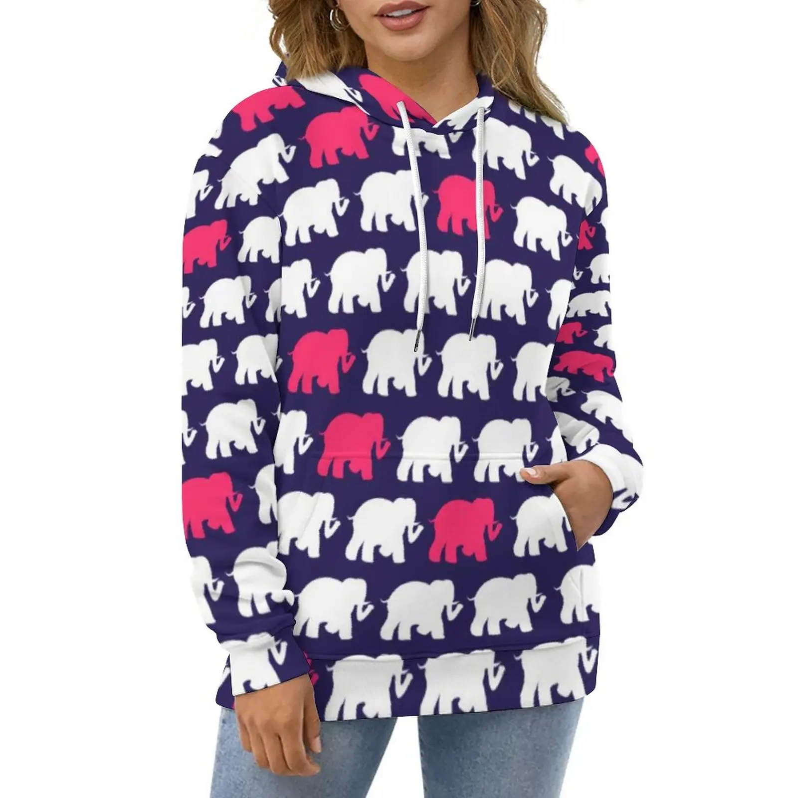 

Художественные художественные толстовки в виде слона, Осенний синий и розовый дизайн в стиле Харадзюку, пуловер оверсайз, толстовка с капюш...