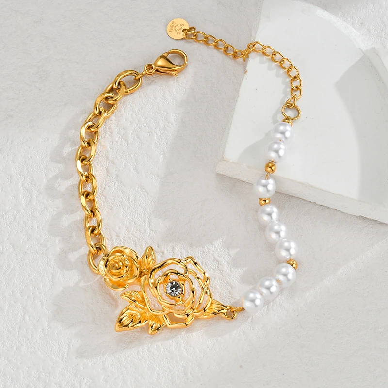 Изысканный жемчужный браслет Spark с цветком из нержавеющей стали золотого цвета