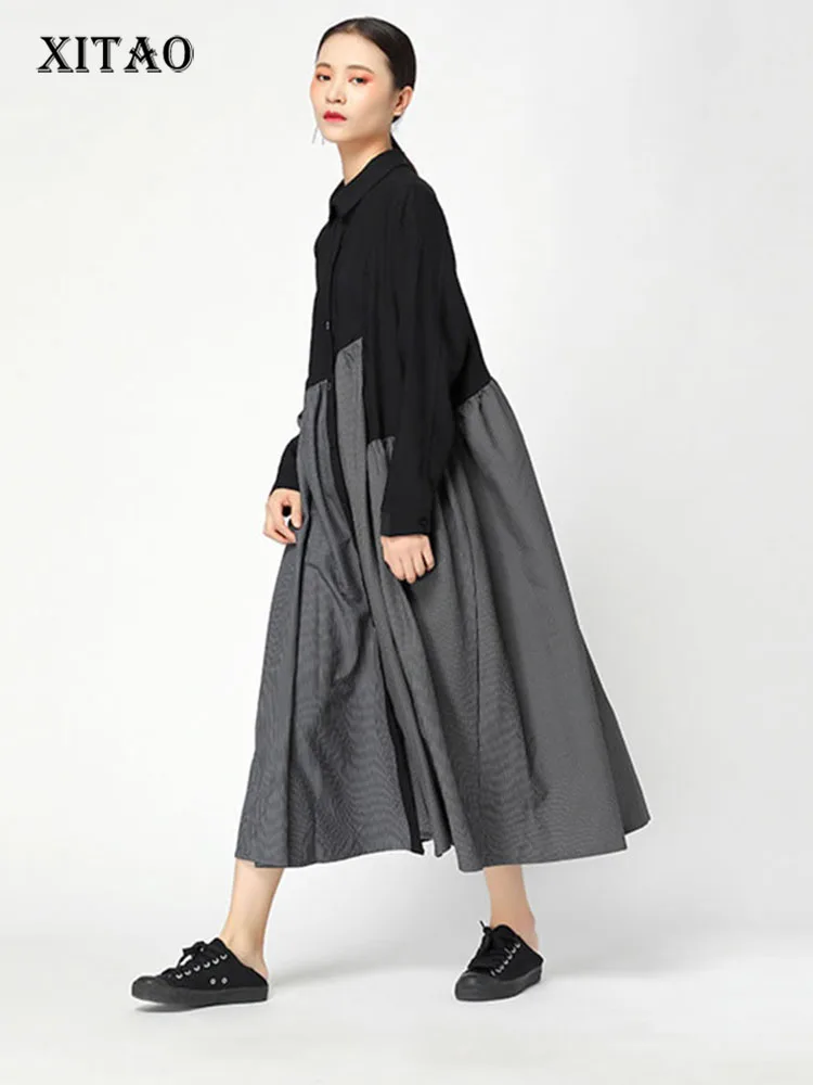 

XITAO Pleated Striped Dress Women Clothes 2019 Single Breasted Turn Down Collar Casual Patchwork Elegant New GWY2952