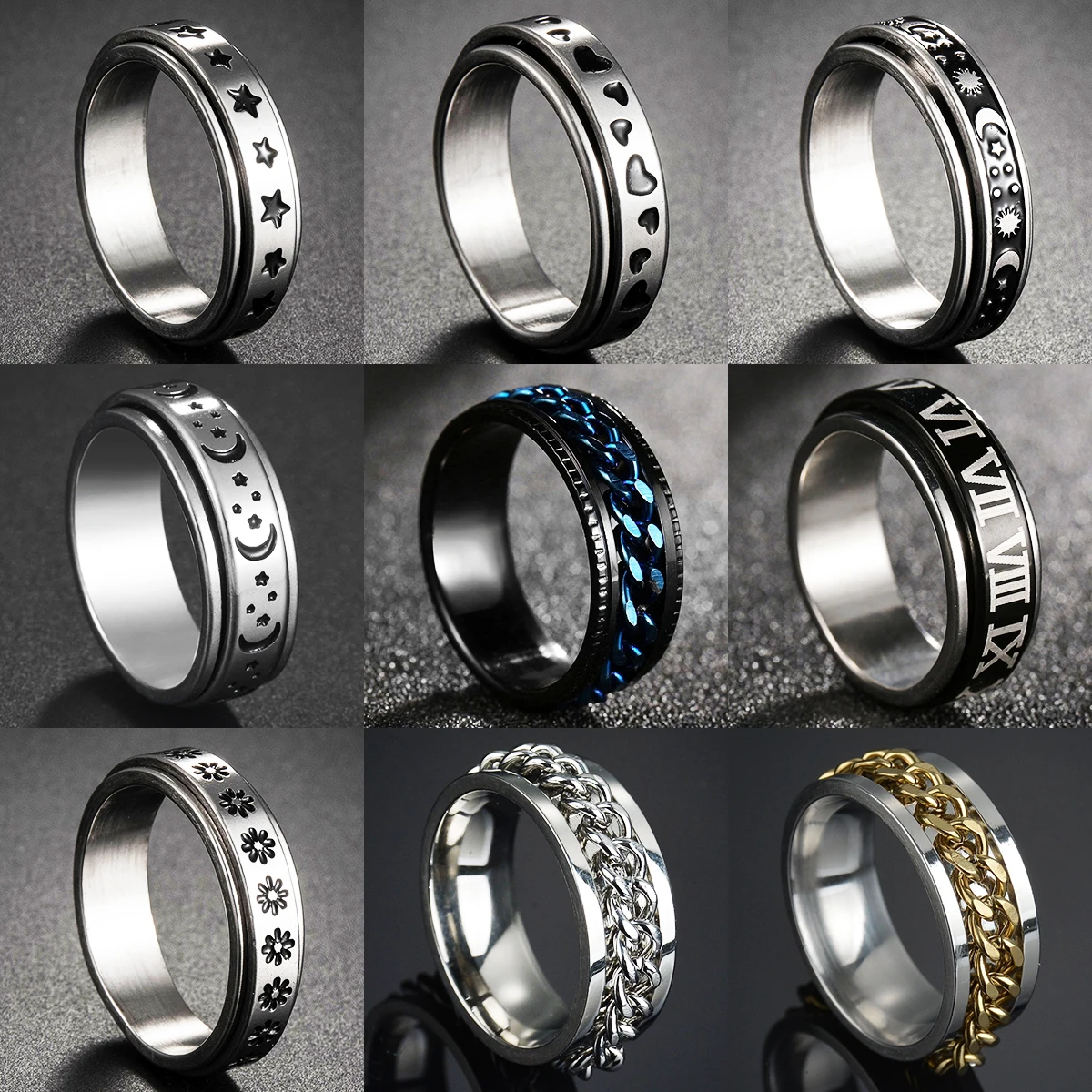 

Fashion Stainless Steel Anxiety Ring For Women Moon Star Chain Spinner Fidgets Rings Rotate Freely Spinning Anti Stress Men 2022