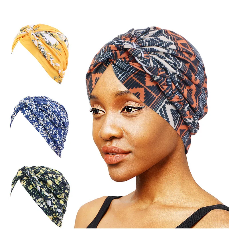 

Muslim Women Inner Caps Twisted Braid Bandanas Hijab Comfort Fashion Turban Hat Flower Printed Cross Knot Chemo Hats Head Cover