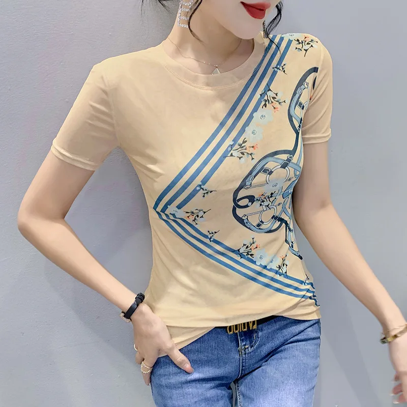 

Топ женский сетчатый облегающий с коротким рукавом и круглым вырезом