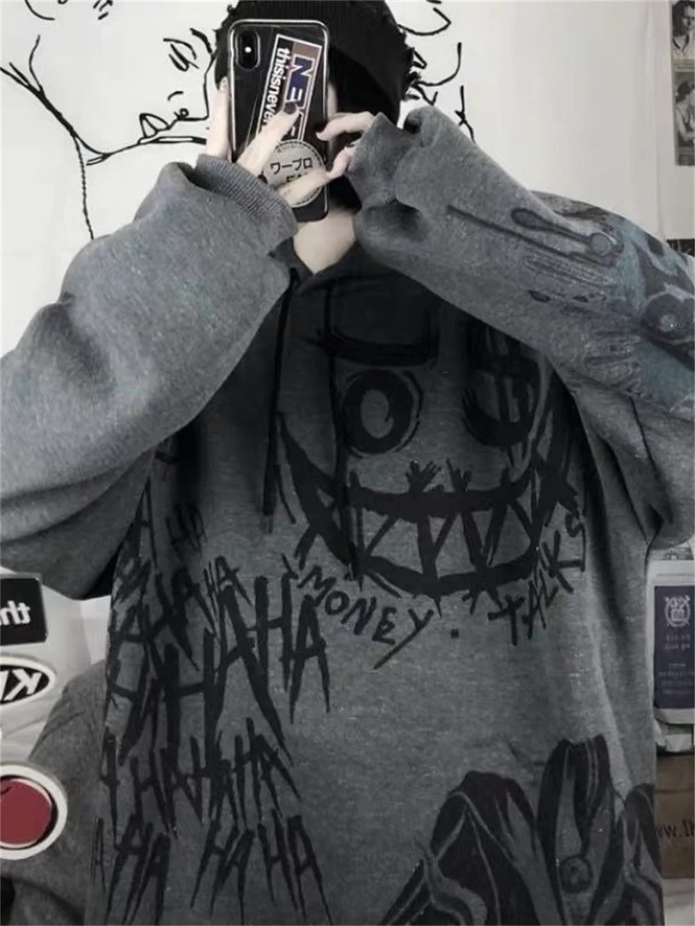 Женская толстовка с капюшоном в стиле Харадзюку Свитшот гранж-эмо топ оверсайз