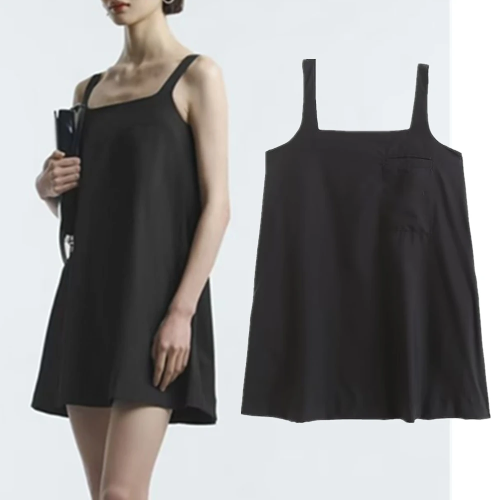 

Maxdutti, элегантное модное французское мини-платье, женское повседневное летнее платье на бретелях, женское черное Хлопковое платье с карманами