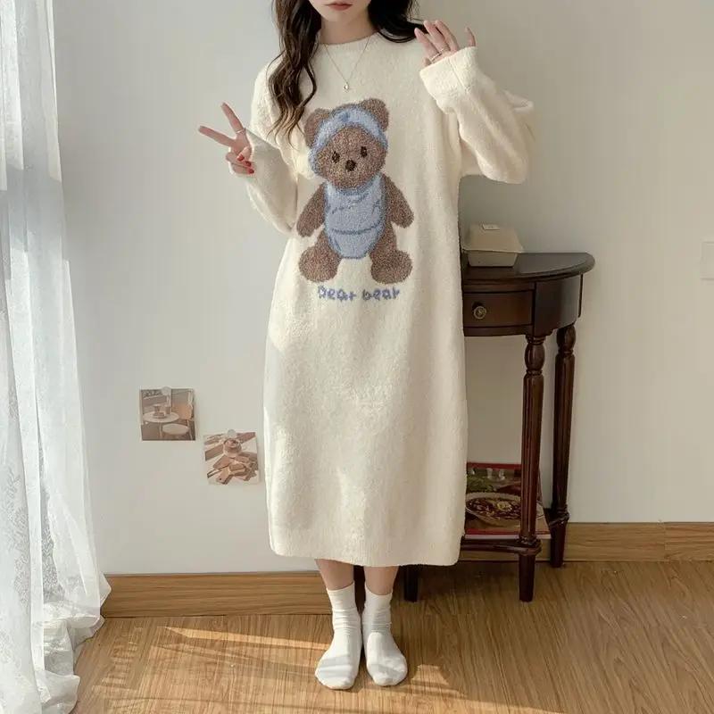 QWEEK Coral Velvet Long Nightie Kawaii Korean Style Bear Print Sleepwear Warm Thicken Women's Nightdress Winter Homewear