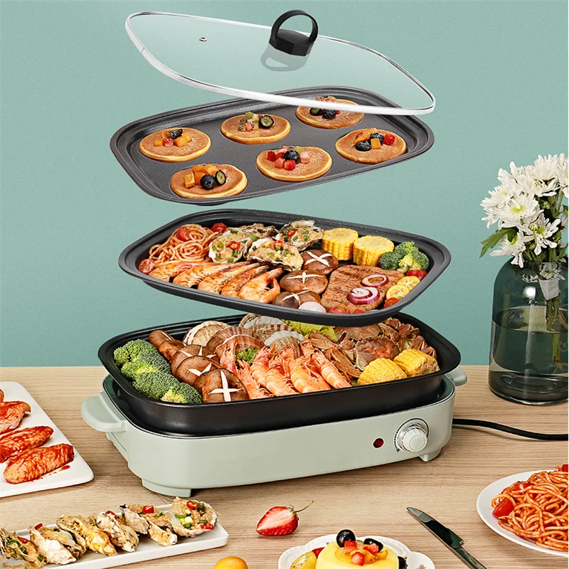 

220V Electric Hot Pot Cooker Household Multifunctional Electric Hotpot Cake Baker Furnace Barbecue Grill With 3 Plates