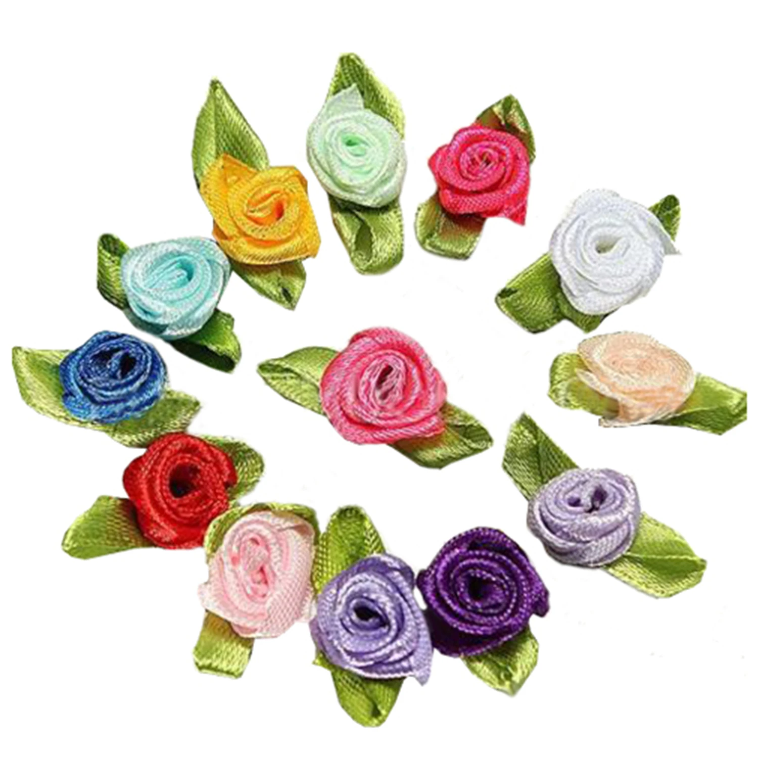 

100Pcs Mini Satin Ribbon Rose Flower Leaf Wedding Decor Appliques Sewing DIY Main Color:Pink