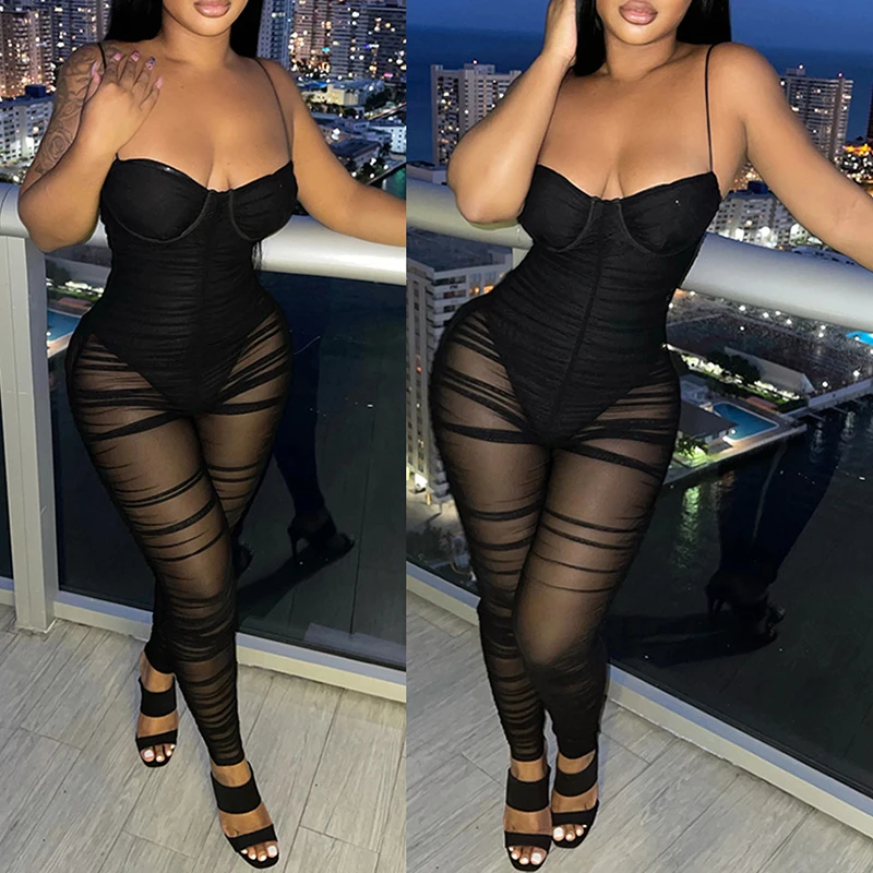 

Summer Mesh Sexy Evening Clothes Slash Neck Sleeveless Women Jumpsuits One Piece Outfit Patchwork See Through Stacked Rompers