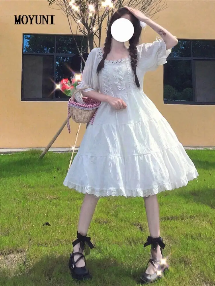 

MOYUNI White Kawaii Dress Women Lace Patchwork Lolita Style Puff Sleeve Square Collar Vintage Dress Summer Japan Cute Sundress