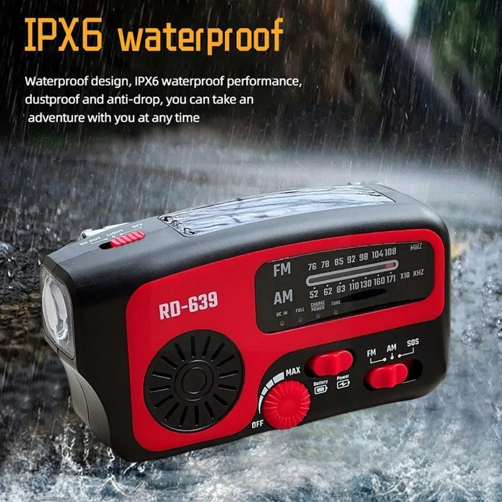 

Emergency Am/fm Radio Solar Powered Hand Crank Phone Charger Multi-purpose Led Flashlight For Outdoor Camping B4q5