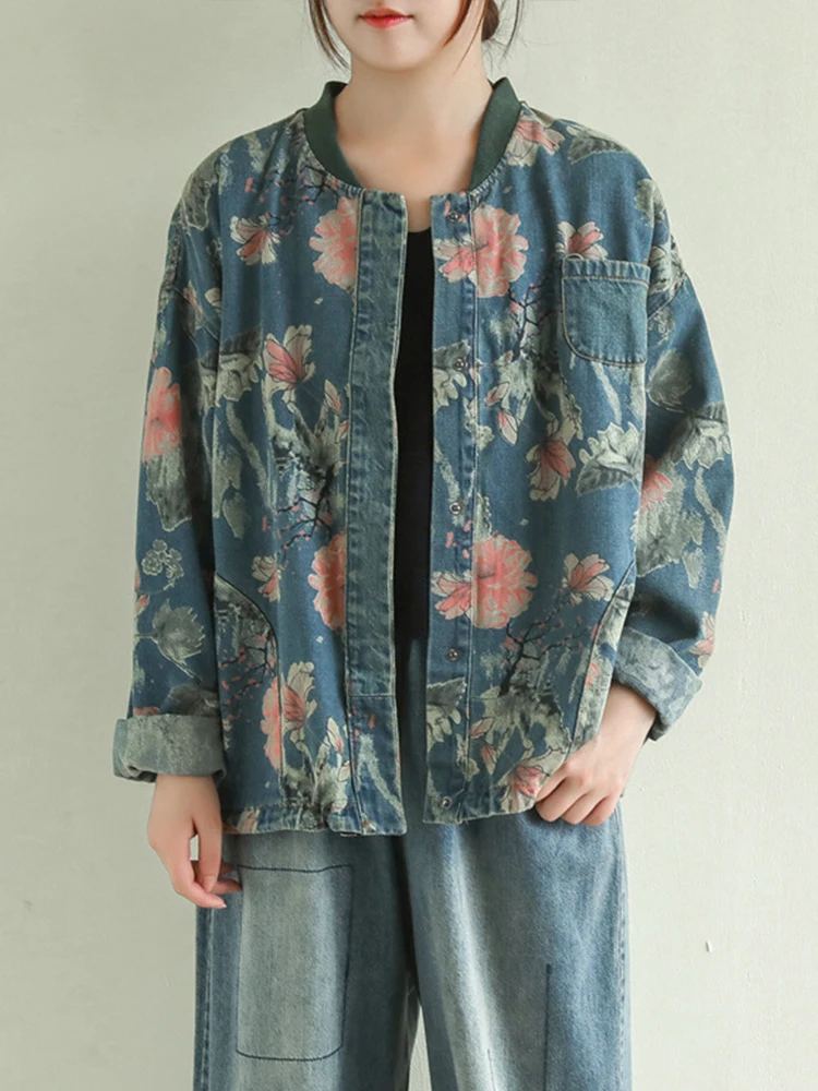 Женская джинсовая куртка с цветочным принтом свободного покроя |