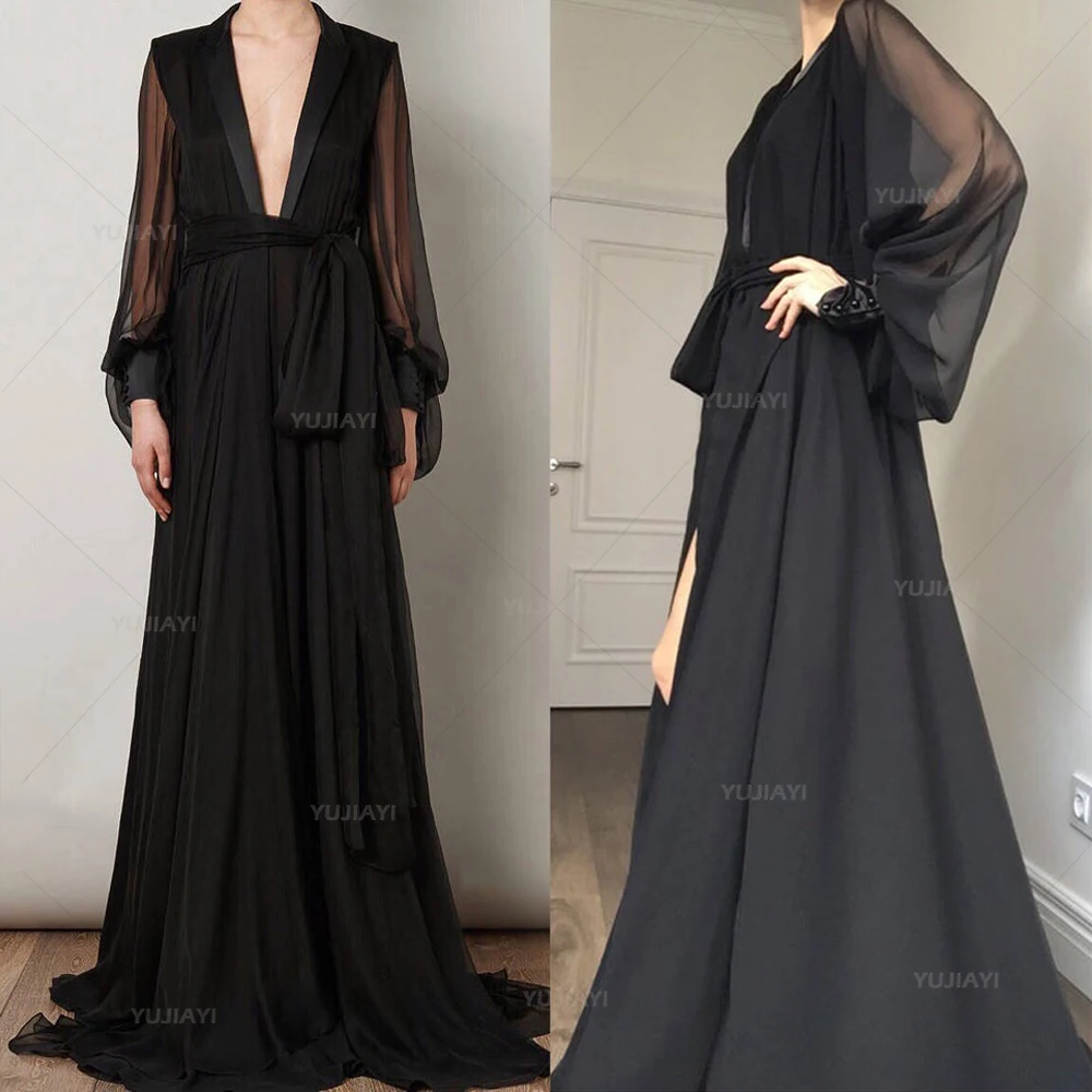 

Black Bridal Robes Women Sleepwear Honeymoon Lingerie Chiffon Robe Long Sleeve Bathrobe Nightwear Babydoll Dress Boudoir Gown
