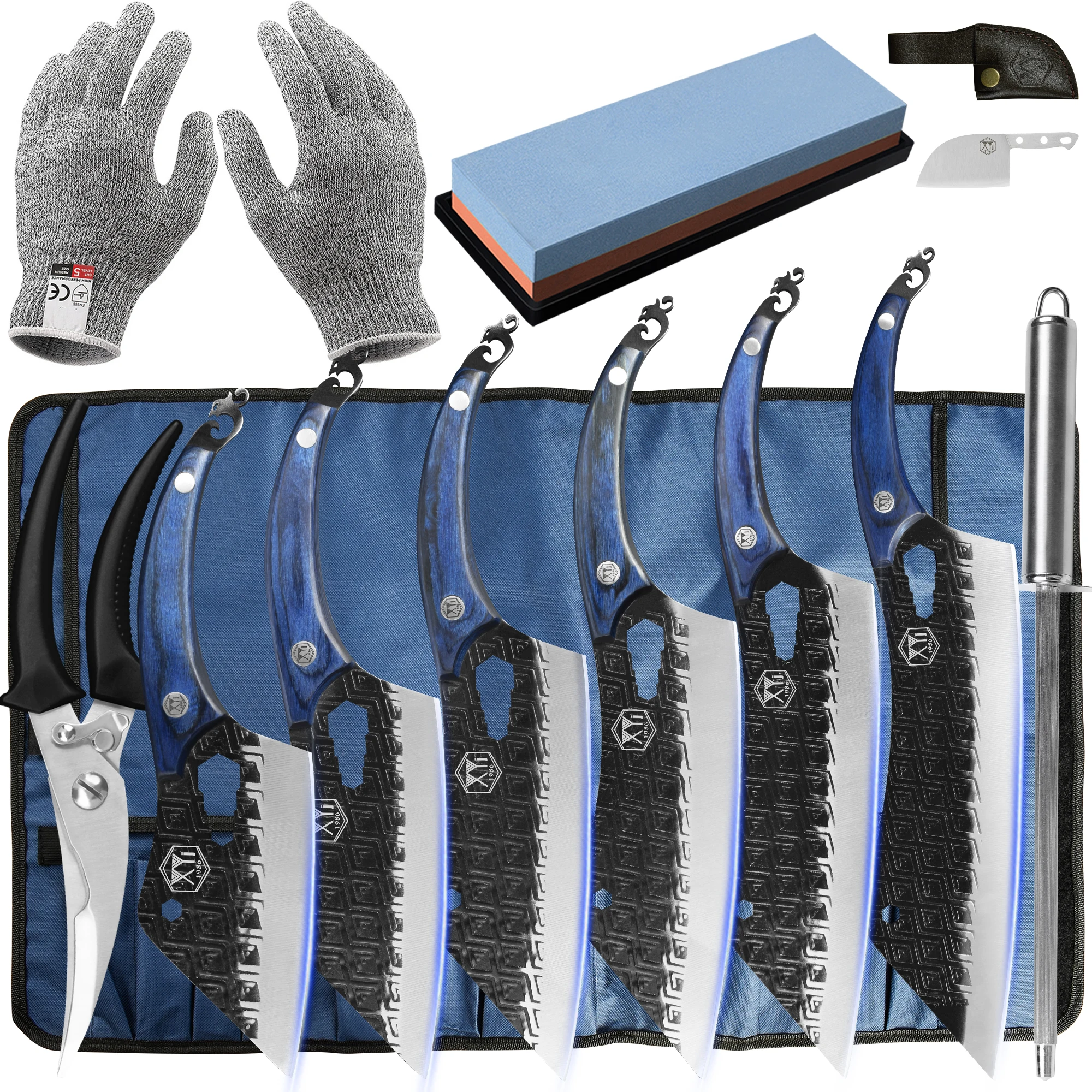 

Portable Chef Knife Set Professional With Roll Bag Whetstone Sharpening Tool Gloves Scissors Kitchen Knives Tools Kit Gift Set