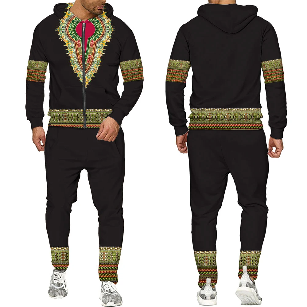 

Autumn Men's 3D Print Zipper 3d Tracksuits DASHIKI African Indian Folk-custom Clothes Couple Hoodies Pants Set Streetwear Suits
