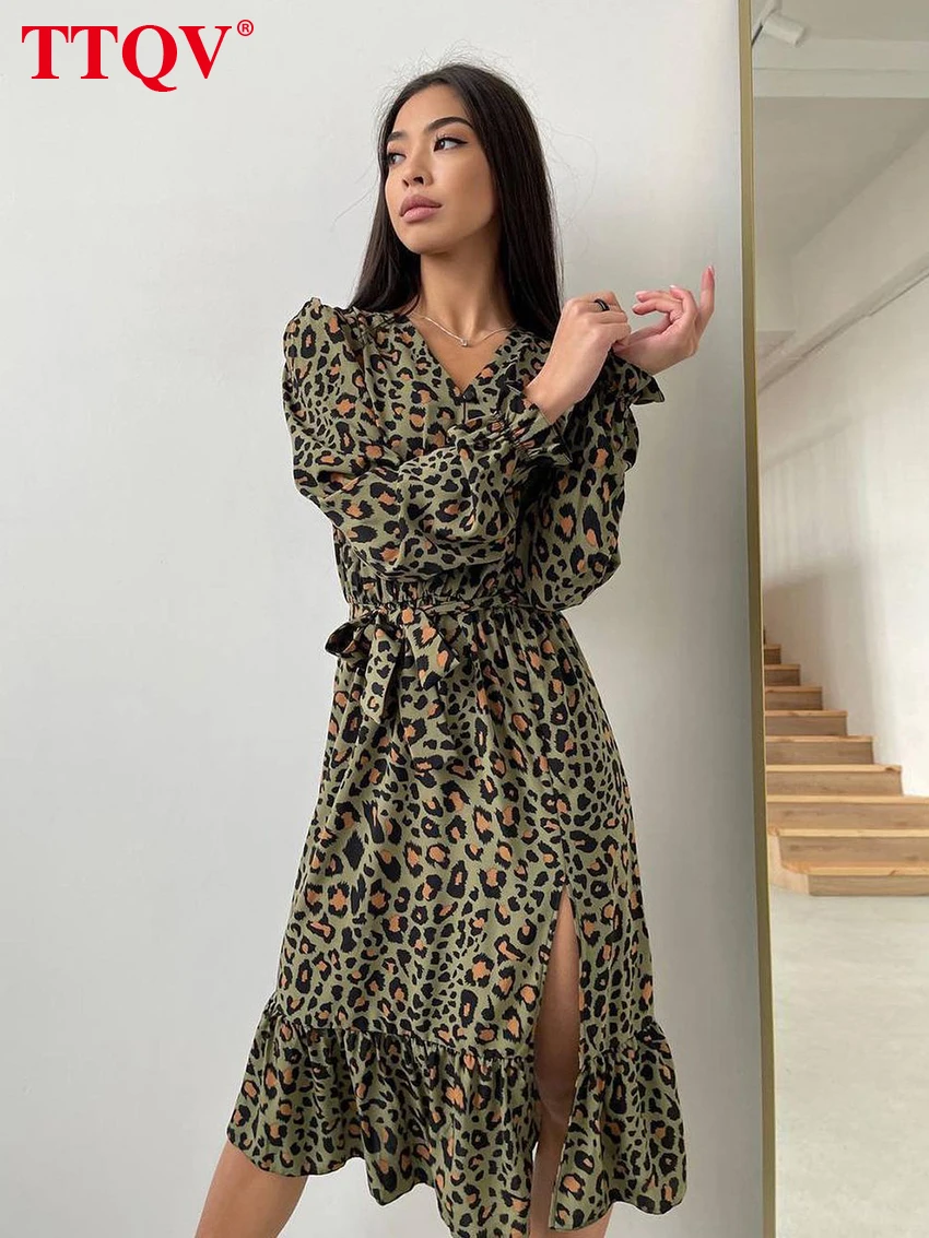 

TTQV Elegant Leopard Print Dresses For Women 2023 Fashion V-neck Long Sleeve Dresses Casual Side Slit Midi Dress Female Clothing