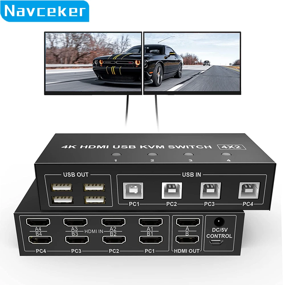 2023 4-портовый HDMI KVM переключатель 4X2 двойной монитор 4K @ 60Гц Расширенный дисплей DP USB KVM переключатель 4 в 2 выход для 4 ПК Share клавиатура мышь