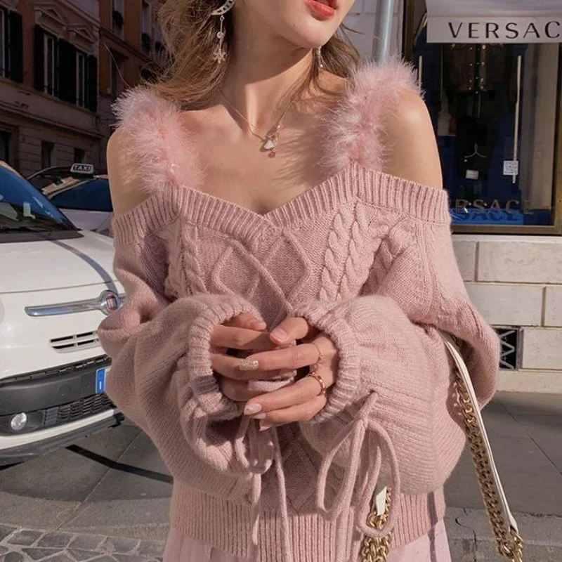 

2023New Korea Gentle Jumpers Sexy Off Shoulder Autumn Straps Slash Neck Pink Twist Sweater Pullovers Long Sleeve Knit Tops Femme