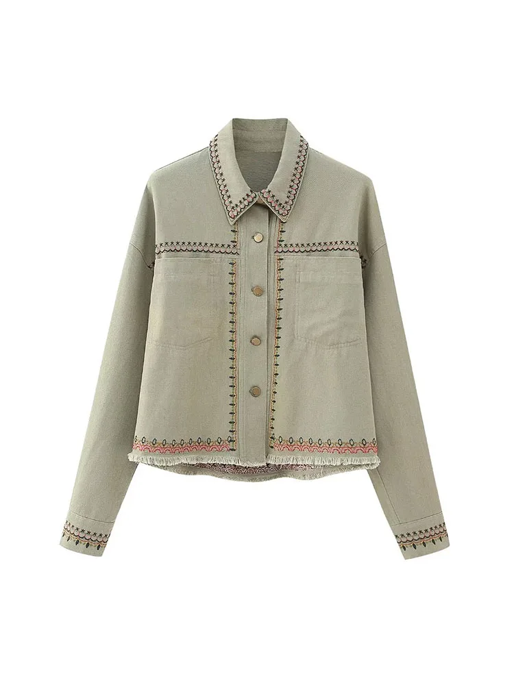 

Женская винтажная рубашка с вышивкой PB & ZA, повседневная универсальная верхняя одежда с длинным рукавом и карманами, верхняя одежда для женщин