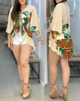 women spring and autumn asymmetrical ruffles tropical print knot decor cover up top female lady casual long sleeve tops shirts