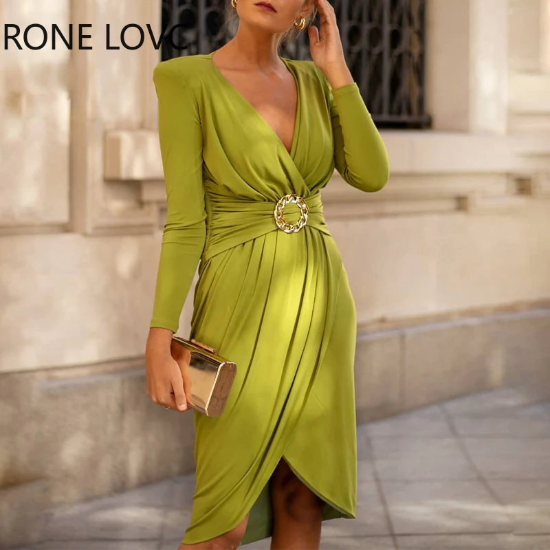 

Women Solid Elegant Deep V Neck Wrist Sleeves Wrap Silt Midi Working Formal Party Dress