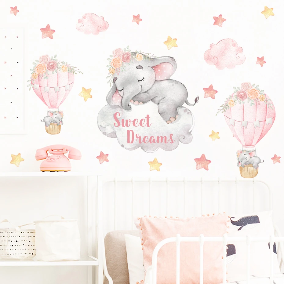 

Pink Cartoon Elephant Hot Air Balloon Clouds Wall Stickers Watercolor Nursery Vinyl Girls' room Wall Decals Mural Kid Room Decor