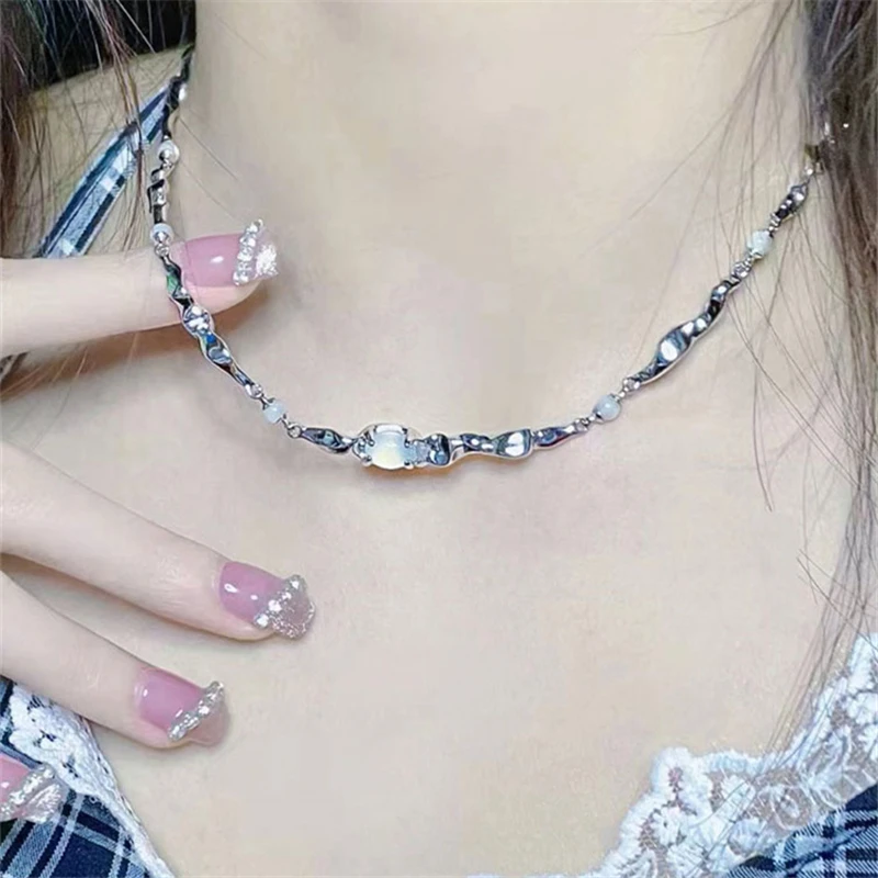 

Kpop Punk Aesthetic Moonstone Crystal Silver Color Metal Chain Choker Necklace For Women Egirl Grunge Y2K Jewelry Accessories