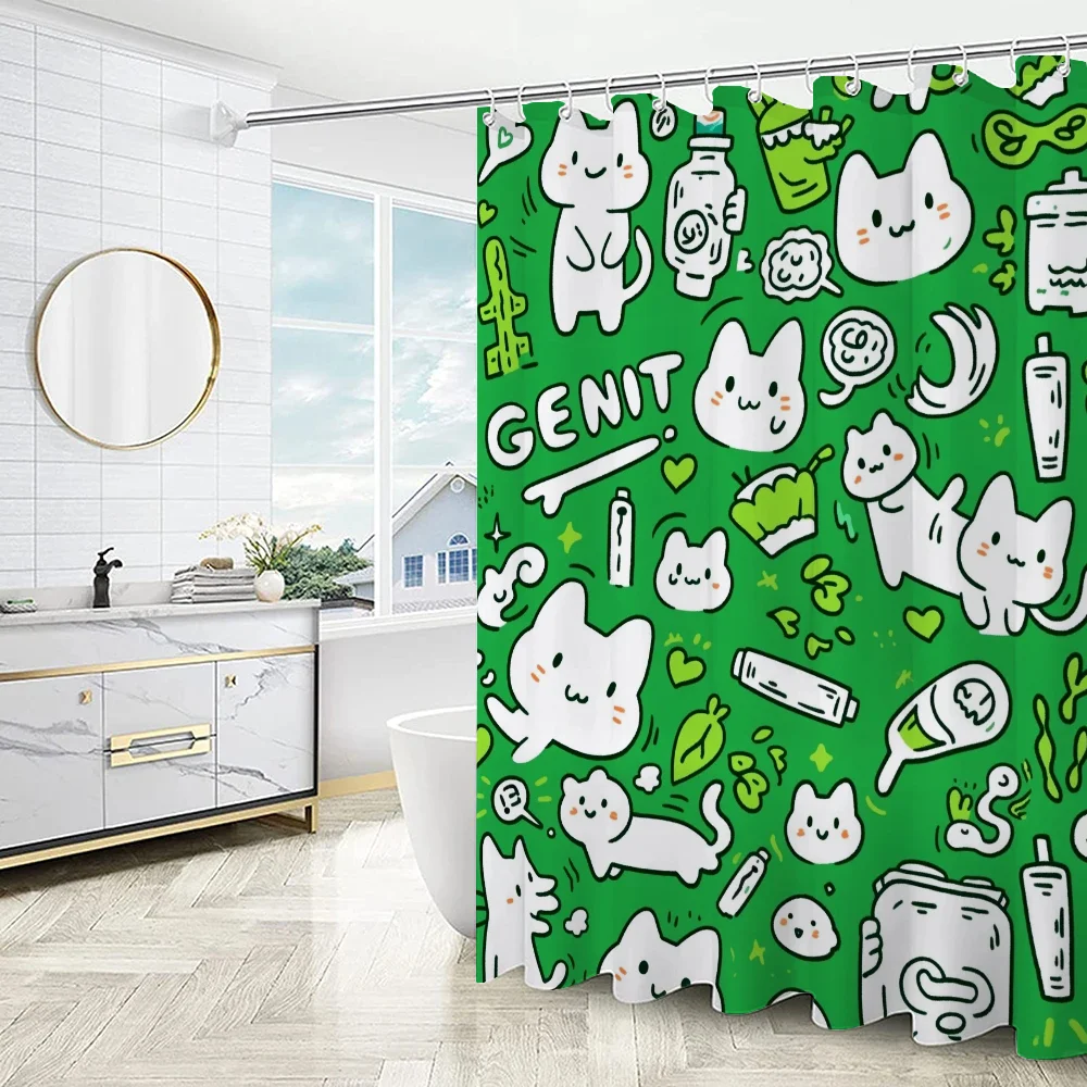 Занавеска Для Душа С Зелеными Каракулями Экологически Чистый Полиэстер
