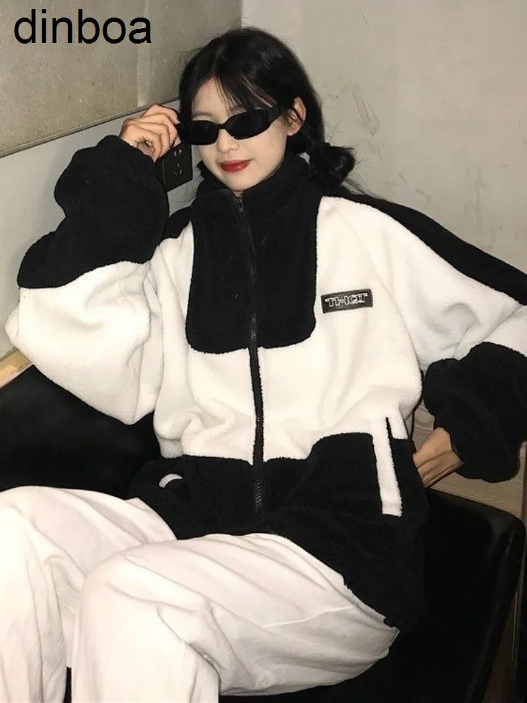 

Dinboa-lamb Wool Oversized Korean Fashion Sweatshirts Letter Printed Thicken Warm Coats for Women Long Sleeve Top Autumn 2022