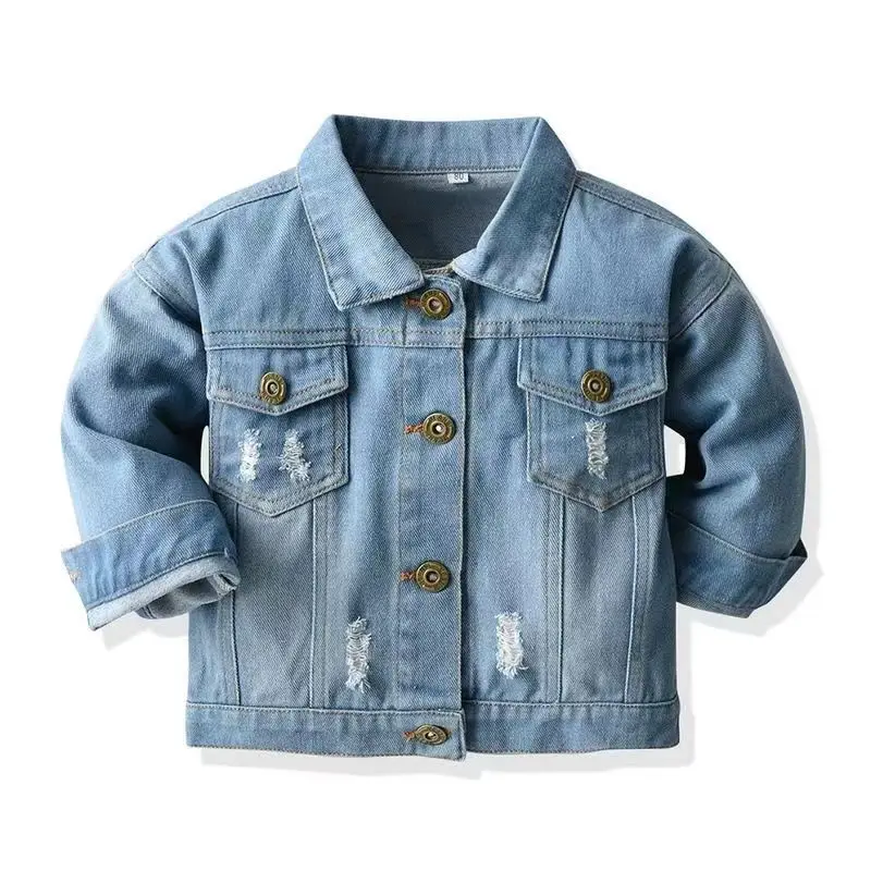 

Autumn Unisex Short Denim Jacket Korean Version For Boys and Girls With Worn Lapels and Torn Holes Denim Long Sleeved Top Jacket