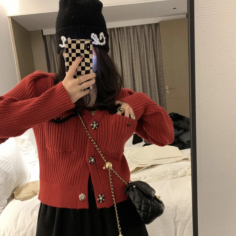 

Autumn and Winter Women Korean V-neck Cardigan Sweater Red 2022 New Vintage Solid Sweater Coat Women Knitted Sweater Short Top