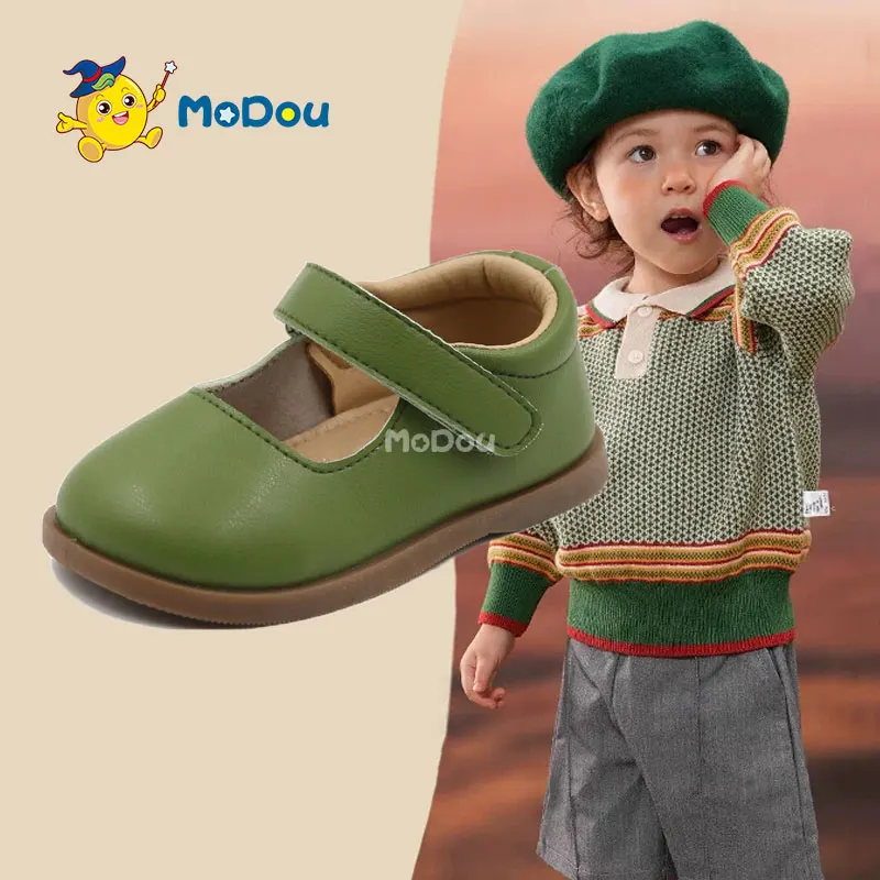 

Кожаные туфли Mo Dou для девочек, мягкая нескользящая подошва, удобная обувь на липучке, корейский стиль, карамельные цвета, 2023