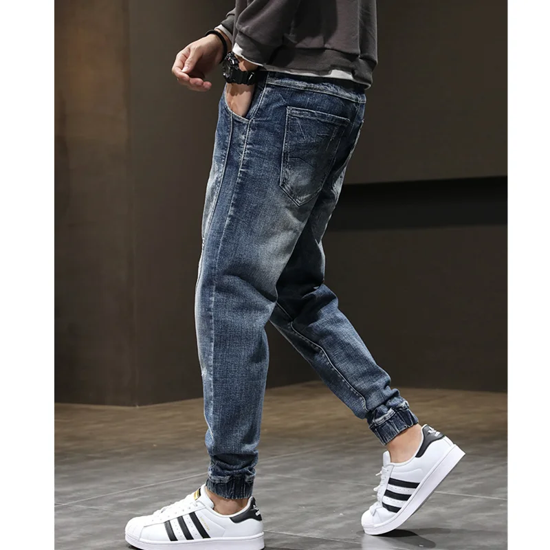 Men Clothing Autumn New Straight Loose Cylinder Jeans Vintage Lacing Strap Elastic Force Comfortable Blue Harun Trousers Female