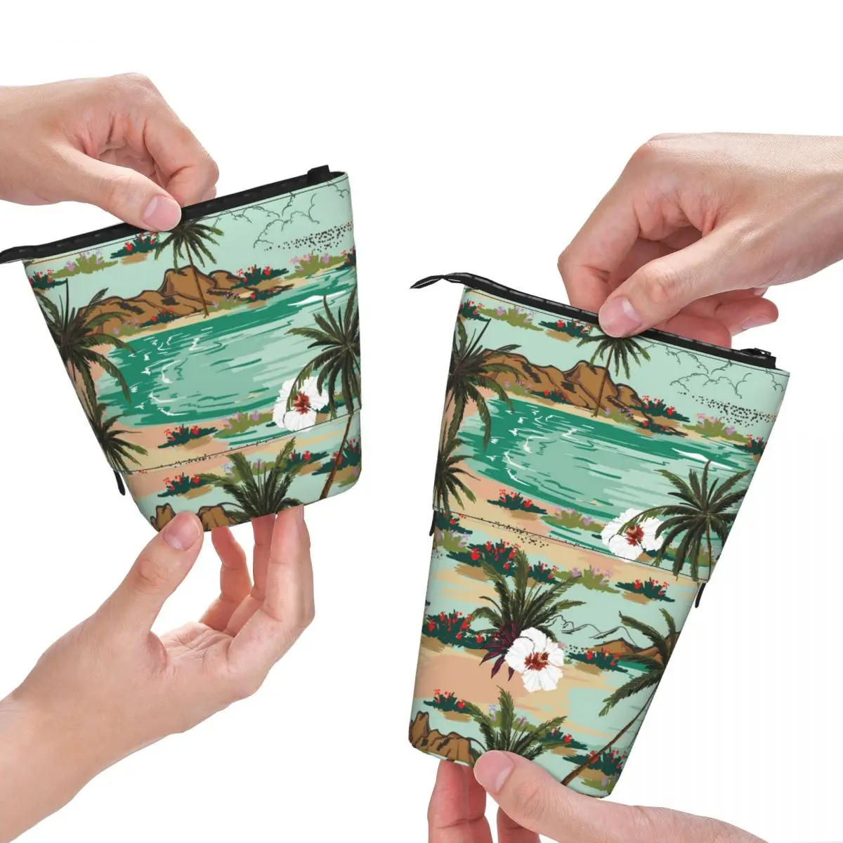 

Tropical Palm Tree Fold Pencil Case Beach Print Simple Standing Pencil Box School Girls Boys Pen Bag