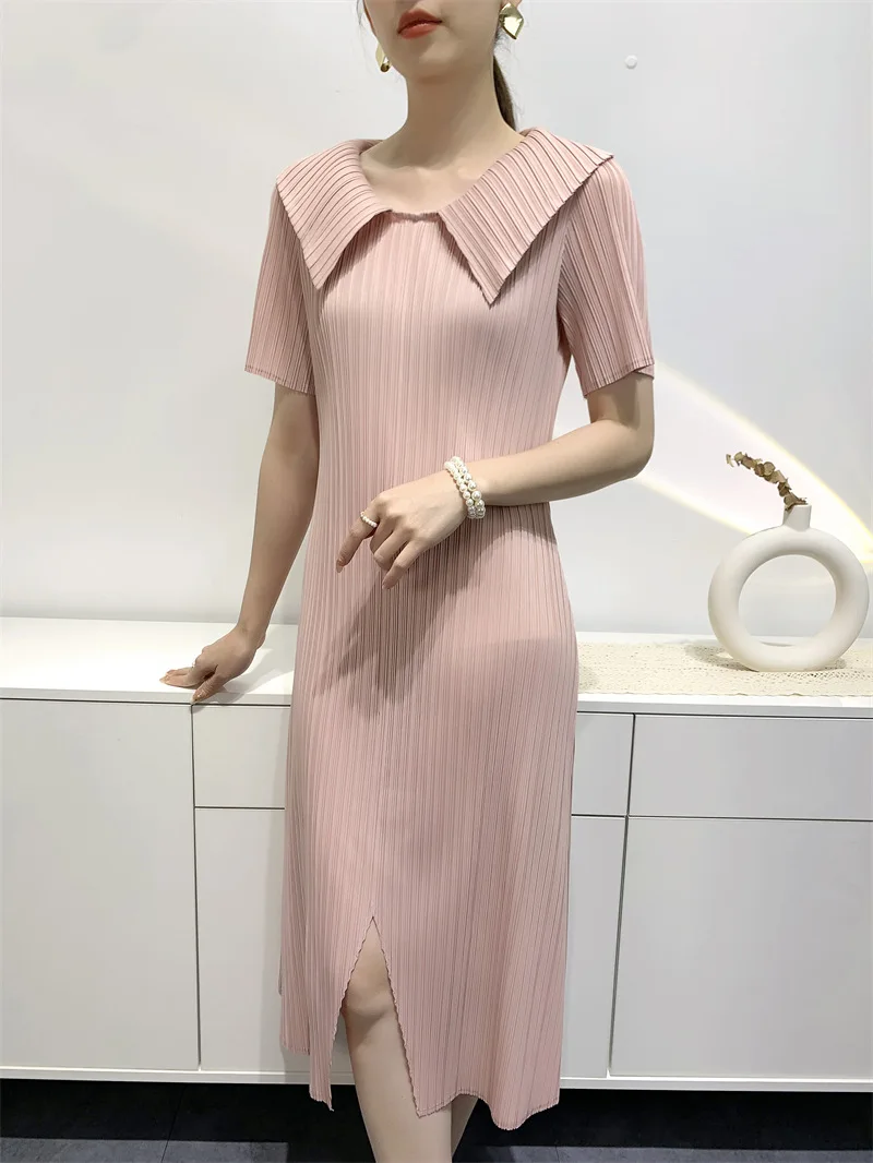 YUDX Miyake Pleated Dresses Women Doll Collar 2023 Summer New Women's Dresses In The Long Paragraph Open Pleated Skirt