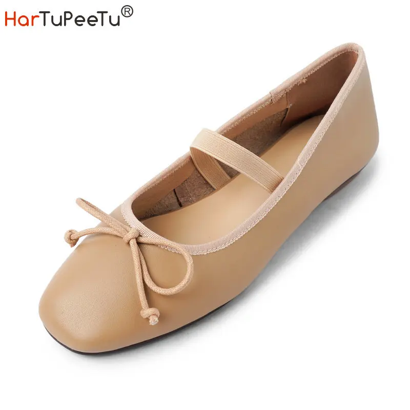 Ballet Shoes Girls Luxury Genuine Leather Flats Women Soft Comfortable Elastic Band Bow Decorate Dance Casual Dress Footwear
