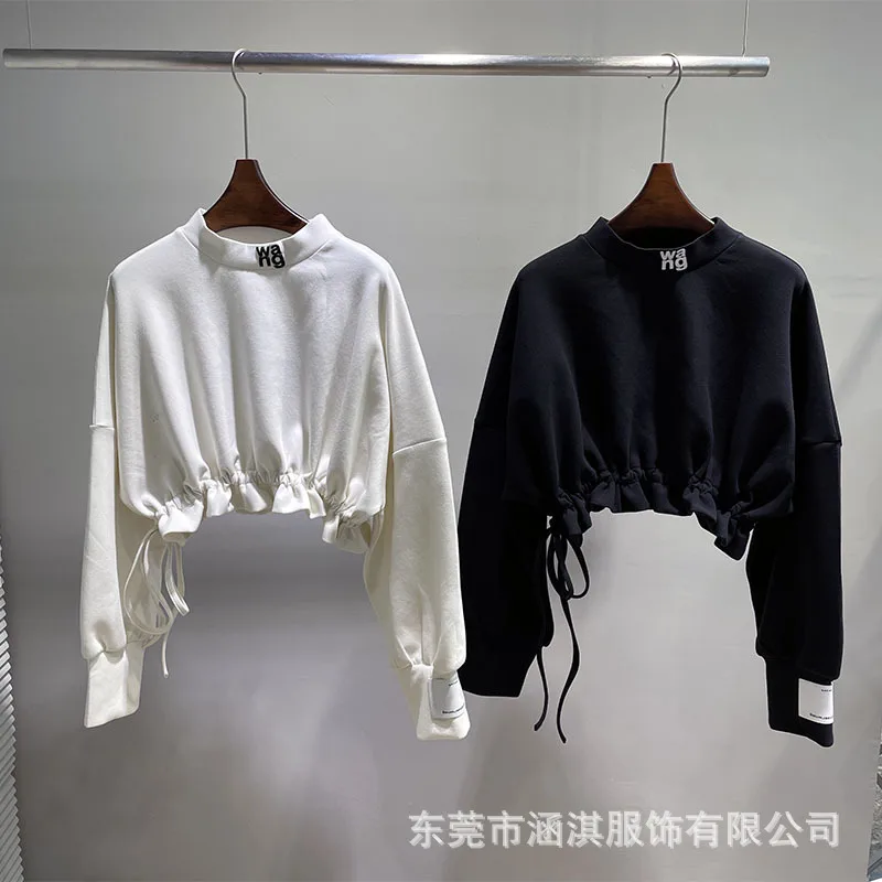 

22SS tide brand big wang letter printing half turtleneck ladies pullover Sweatshirt drawstring flower bud short women's top