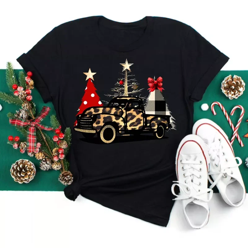 

Women Christmas Truck Tree Festival Cute Tops Merry Christmas Holiday Print Cartoon Shirt Graphic Tee New Year T Tshirts