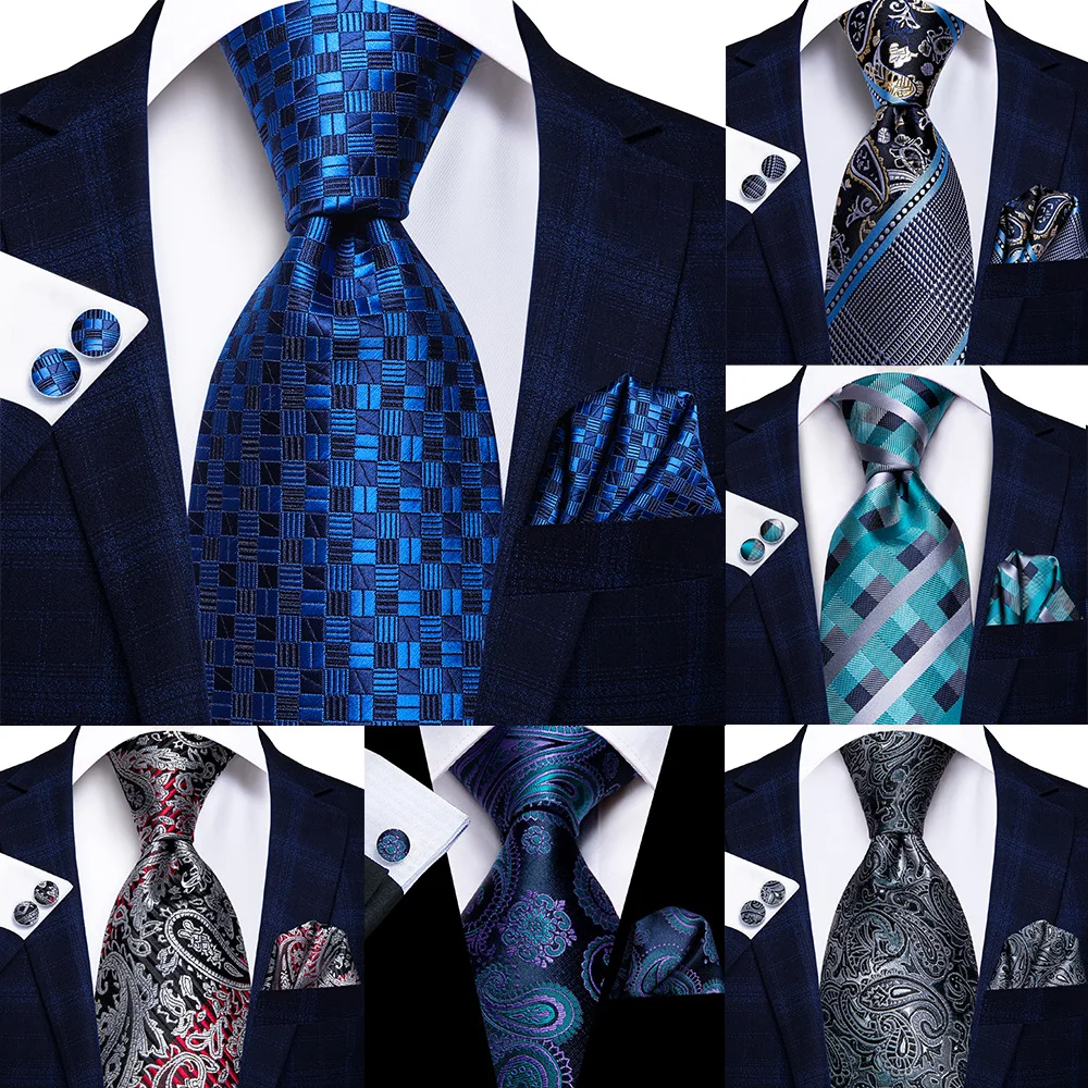 

Hi-Tie Designer 2023 New Luxury Brand Ties For Men Navy Blue Plaid Elegant Mens Ties Gentlemen Business Necktie Handky Cufflinks