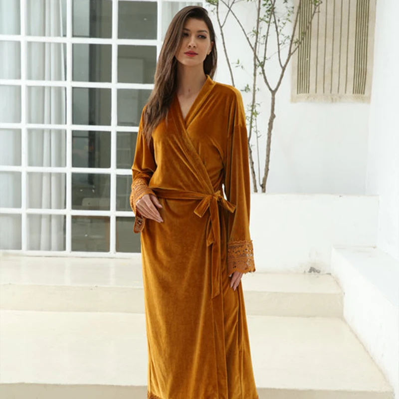 Winter Robe Women Long Solid Velvet Robe Bridal Robe Bridesmaid Robes Lace Trim Wedding Robe Sleepwear Bathrobe   Long Gowns