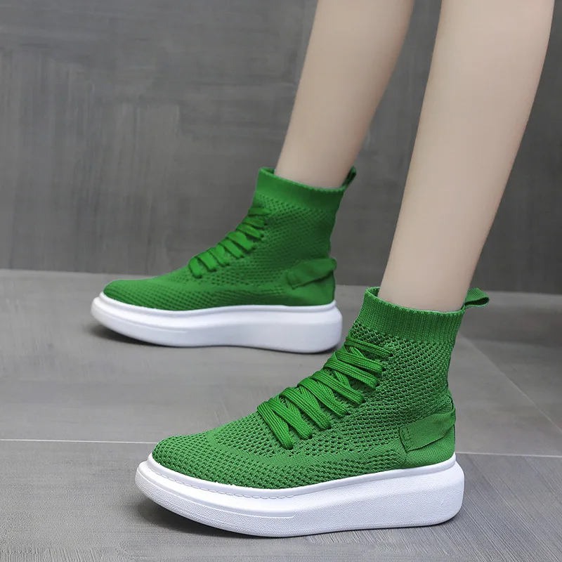 

Autumn Green Breather Mesh Shoes Women Thick Bottom Med Heels Ankle Boots Woman Round Toe Lace-up Platform Short Boots