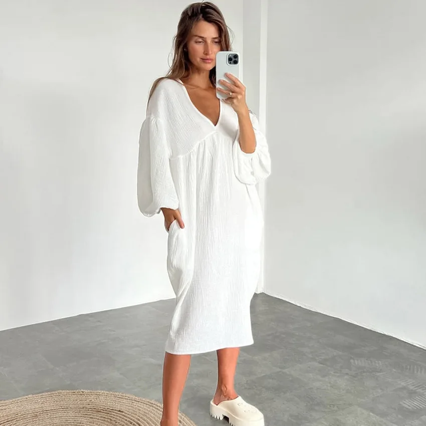 Lantern Sleeve Night Dress Women Loose V Neck Sleepwear 2022 Autumn Cotton Woman Dresses Casual Pajamas Solid Elegant