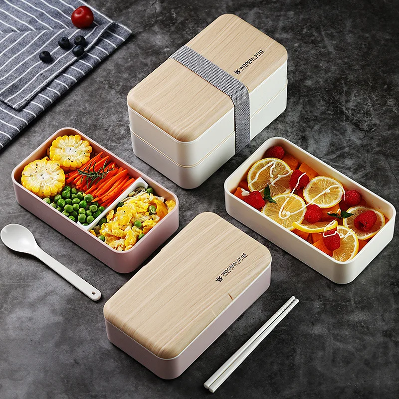 

Japanese Simple Double Layer Lunch Box Food Storage Containers Bento Box Microwaveable Lunch Box With Cutlery Office Worker