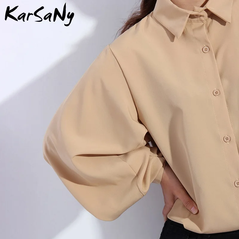 Женская рубашка с большим пышным рукавом Блузка цвета хаки длинным однотонные